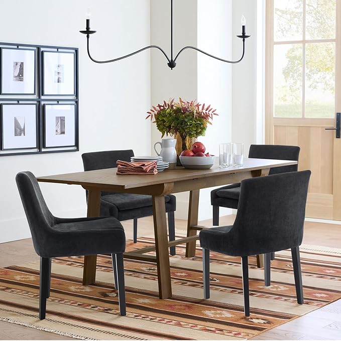 Dining Chairs Set of 2, Upholstered Corduroy Dining Room Chair with Wood Legs, Mid-Back Padded Kitchen Side Chairs for Dining Room, Black