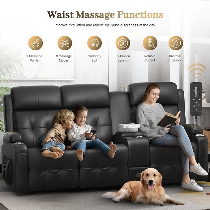Aotolo Recliner Sofa, Massage Reclining Sofa 3 Seater Sets Heavy Weight Capacity, RV Loveseat Couch Clearance with Console, USB, Type C Port, Storage, Cup Holders, Wall Hugger Chair for Living Room
