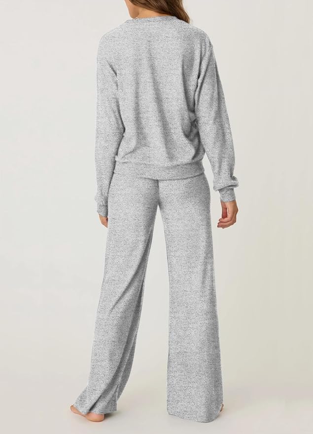 Aamikast Women's 2-Piece Lounge Set Soft Brushed Jersey Sleepwear Pajamas Set Long Sleeve Top & Wide Leg Pants