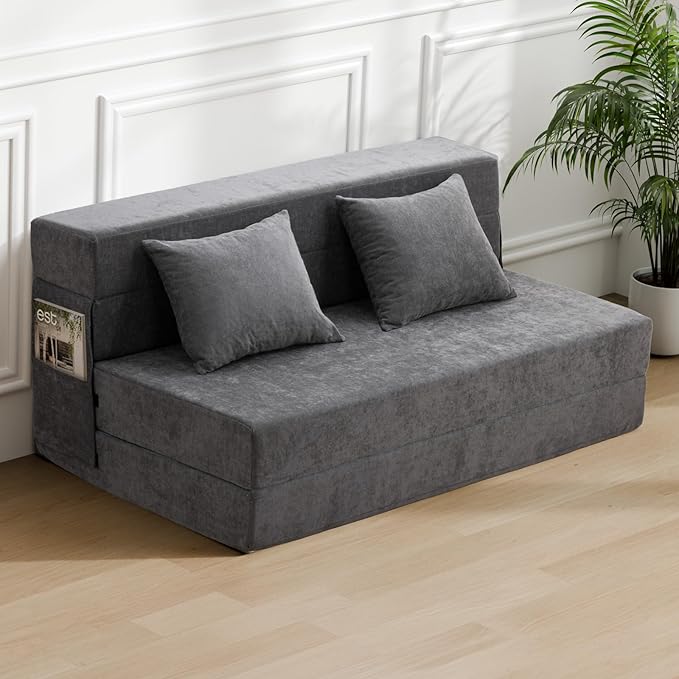 HOMFINE Folding Sofa Bed - Convertible Sleeper Chair with Pillow, Fold Out Couch, Memory Foam Floor Mattress, Futon Couch, Lazy Sofa for Living Room/Dorm/Guest Room/Home Office, Grey, Queen Size