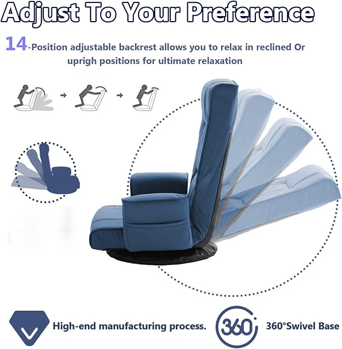 360 Degree Swivel Floor Chairs for Adults, Faux Leather Gaming Floor Chair with Back Support, 14 Angles Adjustable Comfortable Floor Lounge Chair Folding Video Game Chairs Office Bedroom