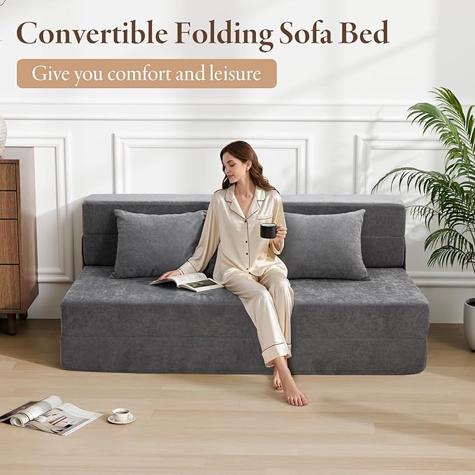 HOMFINE Folding Sofa Bed - Convertible Sleeper Chair with Pillow, Fold Out Couch, Memory Foam Floor Mattress, Futon Couch, Lazy Sofa for Living Room/Dorm/Guest Room/Home Office, Grey, Queen Size