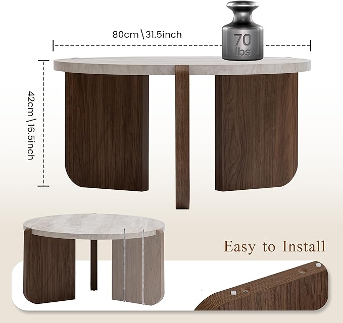 SUNBURY Modern Round Coffee Table with Sturdy Base, Wood Center Tables for Living Room Reception Room, Faux Marble Tabletop, Easy Assemble