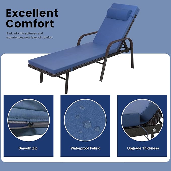 Trumbeak Patio Chaise Lounge Set 3 Pieces Pool Lounge Chairs,Cushioned Outdoor Folding Lounge Chair w/Arm and Rattan Adjustable Backrest for Poolside Porch,Folding Table Included,NavyBlue