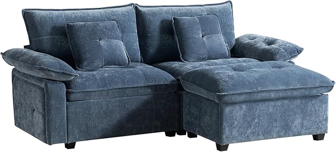 PALLOME 82" Deep Seat Comfy Cloud Couch, Modular Sectional Sofa with Movable Ottoman, L Shaped Chenille Sofa for Small Space, Modern Apartment Living Room & Office (Blue, 2-Seat + Ottoman)