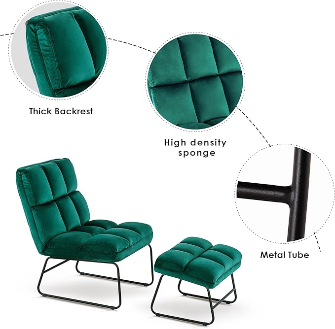 MCombo Velvet Accent Chair with Ottoman Set, Modern Armless Chair for Living Room, Bedroom, Small Space 0014 (Velvet, Dark Green)