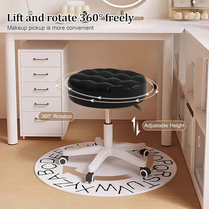 JPBSTO Small Rolling Stool with Wheels, PU Leather Height Adjustable Vanity Work Task Stool, 360 Swivel, Padded Seat Cushion, for Salon, Home, Office