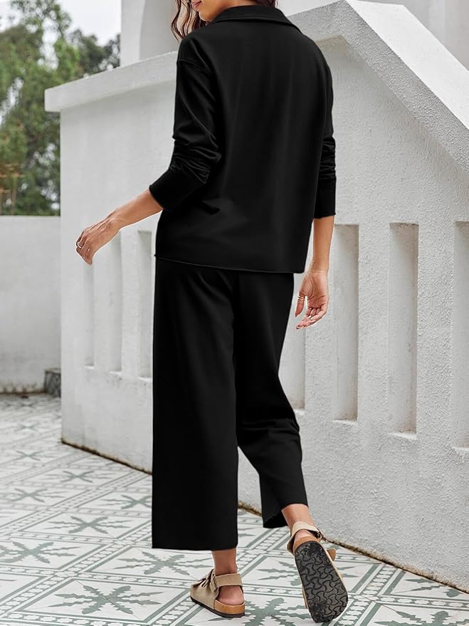Imily Bela Womens 2 Piece Outfits Sweatsuit Long Sleeve Lapel V Neck Shirt and Wide Leg Pants 2025 Fall Trendy Tracksuit