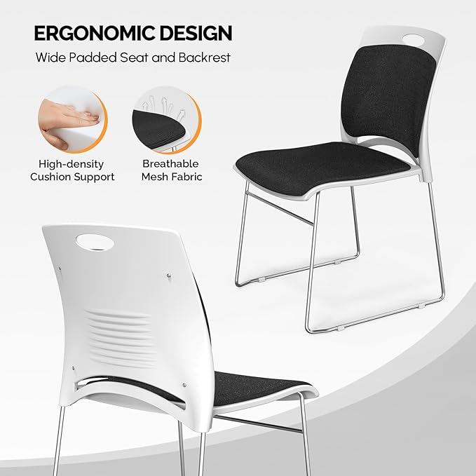 VINGLI Stackable Chairs Set of 8 Stacking Office Chairs with Metal Sled Base, Ergonomic Plastic Padded Seat & Back, Capacity 350lbs, Stacking Chairs for Waiting Room Break Room Banquet Guest, Black