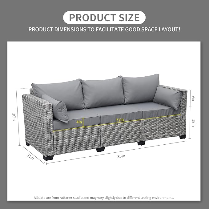 Rattaner Outdoor Furniture Outdoor Couch Grey Wicker Patio Furniture 3-seat Sofa Deep Seat Hight Backrest with Waterproof Cover and Anti-Slip Cushions, Grey