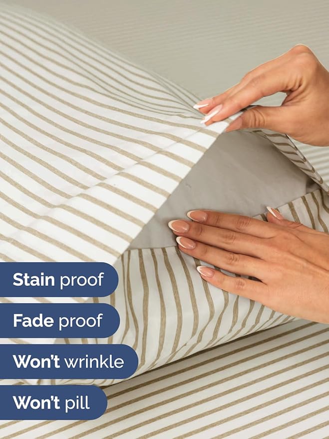 Extra Deep Pocket Full Sheets - 4 Piece Breathable & Cooling Bed Sheets - Hotel Luxury Bed Sheet Set - Soft, Wrinkle Free & Comfy - Easily Fits Extra Deep Mattresses - Deep Pocket Beige Striped Sheets