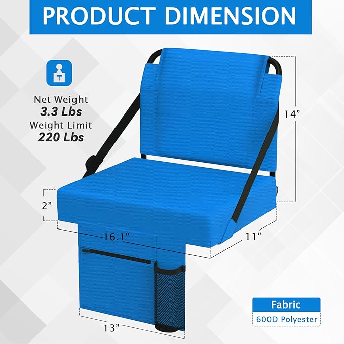 2pcs Stadium Seat for Bleachers with Back Support，Portable Bleacher Chairs with Back and Cushion，Includes Shoulder Strap and Cup Holder