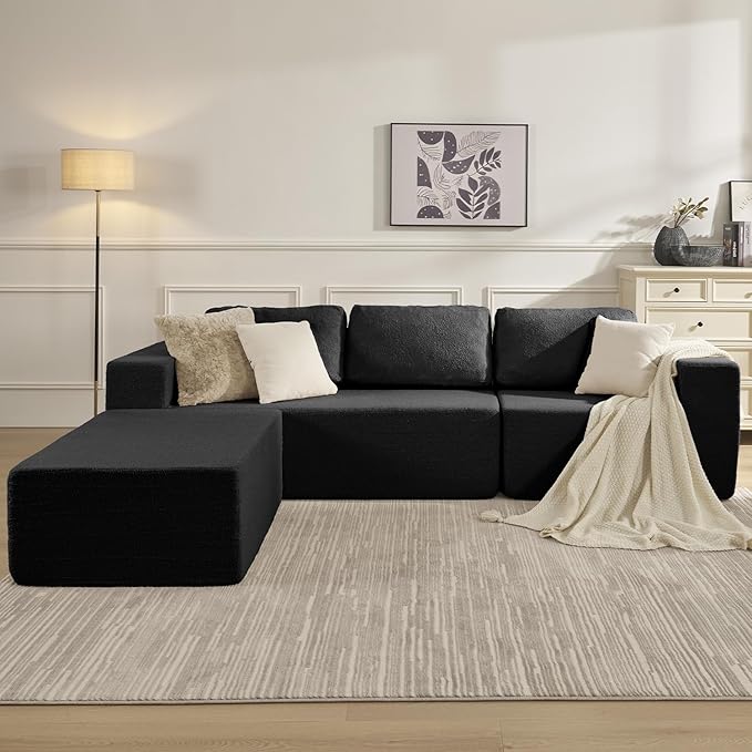 Furnify 40" Memory Foam Couch Footrest, Cloud Modular Sofa Ottoman, Upholstered Floor Sofa Ottoman, Upholstered Sofa for Bedroom Living Room, No Assembly Required (Black, Teddy Boucle)