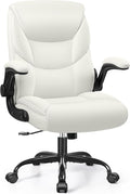 FelixKing Leather Office Chair, Small PU Ergonomic Desk Chair, Comfy Computer Chair with Wheels and Flip-up Armrests, Adjustable Height Mid Back Executive Office Chair for Short People-White