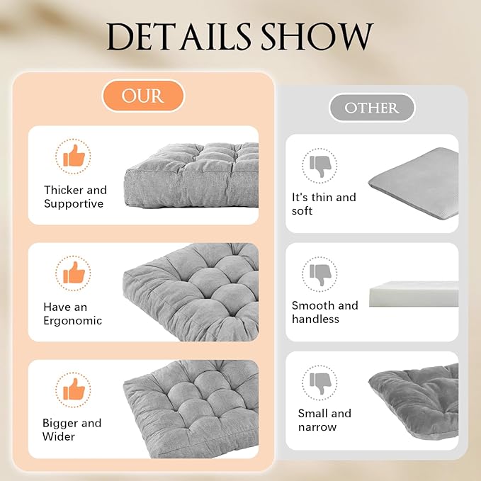 LYLNBYWK Meditation Floor Cushions, Thickened Floor Pillow for Adults, Large Square Pillows Seat Cushion for Tatami Living Room Yoga, Memory Sponge Block Added, 22x22 Inch, Grey