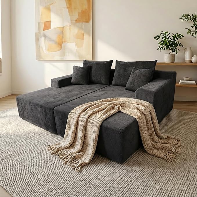 Sytopia Loveseat Chaise Lounge with Armrests, Oversized Sofa Bed with 4 Pillows, Cozy Boneless Sleeper, Modular Sectional Couch for Living Room Bedroom, Floor Chair Furniture sala Chenille, Black