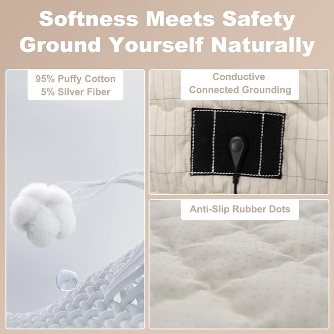 Grounding Mat for Bed 35"x50",Grounding Sheets Anti-Slip Mat, Grounding Blanket Soft Cotton & Silver Fiber, Grounded Mat for Enhance Sleep, Stress Relief (Cream)