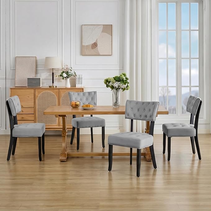 UVV Upholstered Dining Chairs Set of 4, Mid Century Modern Tufted Kitchen Chairs Dining Room Chairs, Velvet Dinner Chair with Wood Legs for Dining Room Kitchen, Light Grey-Black Legs