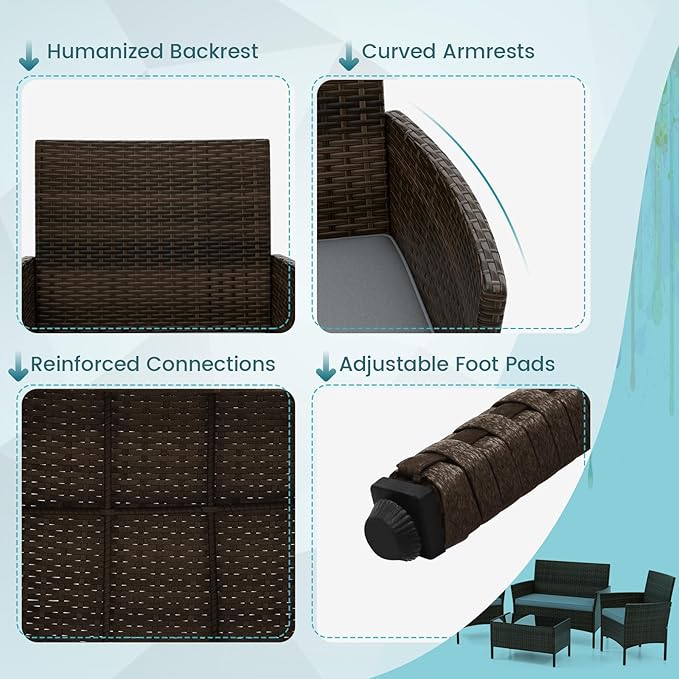 HAPPYGRILL 8 Pieces Outdoor Rattan Conversation Set, Patio Wicker Furniture Set with Loveseat Chairs & Tempered Glass Coffee Table, Outside Sectional Sofa Set for Backyard Garden Poolside