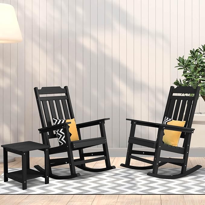 hOmeQomi Rocking Chair, All Weather Resistant Poly Lumber Outdoor Porch Rocker, Rocking Chairs for Outdoor, Indoor, Patio, Deck, Garden, Backyard, Load Bearing 380 lbs - Black