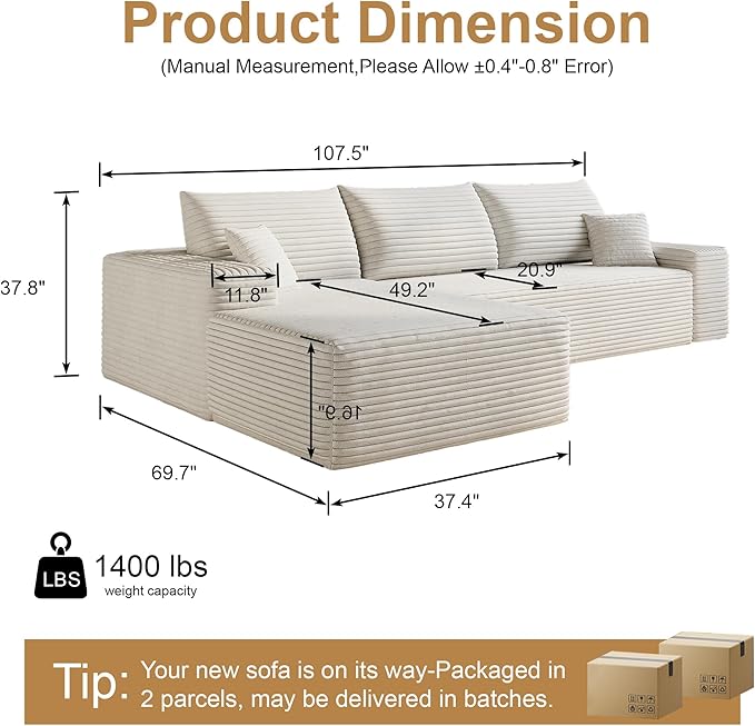 AUGOP 108" Sectional Couches for Living Room Modern Modular Sofa with L-Shape Couchs Upholstered Boneless Couch Deep Seat Sectional Couch with Chaise (White, Left Facing Chaise+2Seaters)