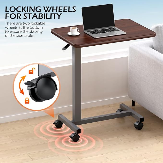 WOTURE Adjustable Overbed Table with Wheels, Bedside Rolling Table, Pneumatic Height Adjustment, Hospital Bed Table on Wheels, Standing Desk, Bedridden & Mobility Needs, Walnut