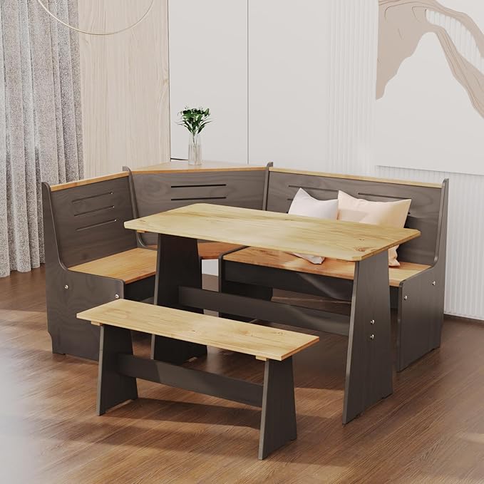 Breakfast Nook Table Set for Kitchen - Bench Seating for Dining Room with Space Saving Solid Wood L Shaped Corner Dining Table Set Apartment for 4 to 6 People - Black