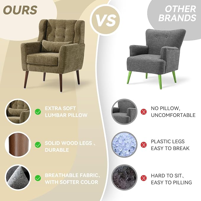 QKFF Modern Accent Chair, Upholstered Armchair with Pillow, Fabric Single Sofa Chair with Lounge Seat and Wood Legs Accent Chair for Living Room Bedroom Small Spaces (Avocado, Set of 1)