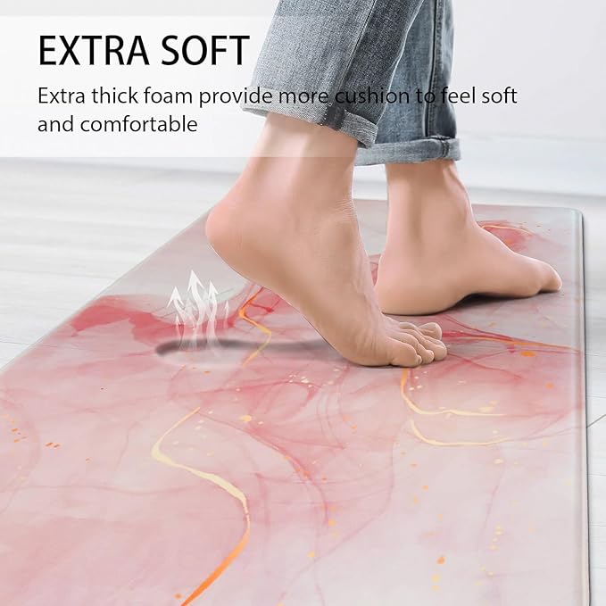 Pink Kitchen Rugs, Kitchen Floor Mats Cushioned Anti Fatigue Set of 2 Non Slip Waterproof Anti Fatigue Mat Comfort Memory Foam Standing Mat for Gold Kitchen Accessories