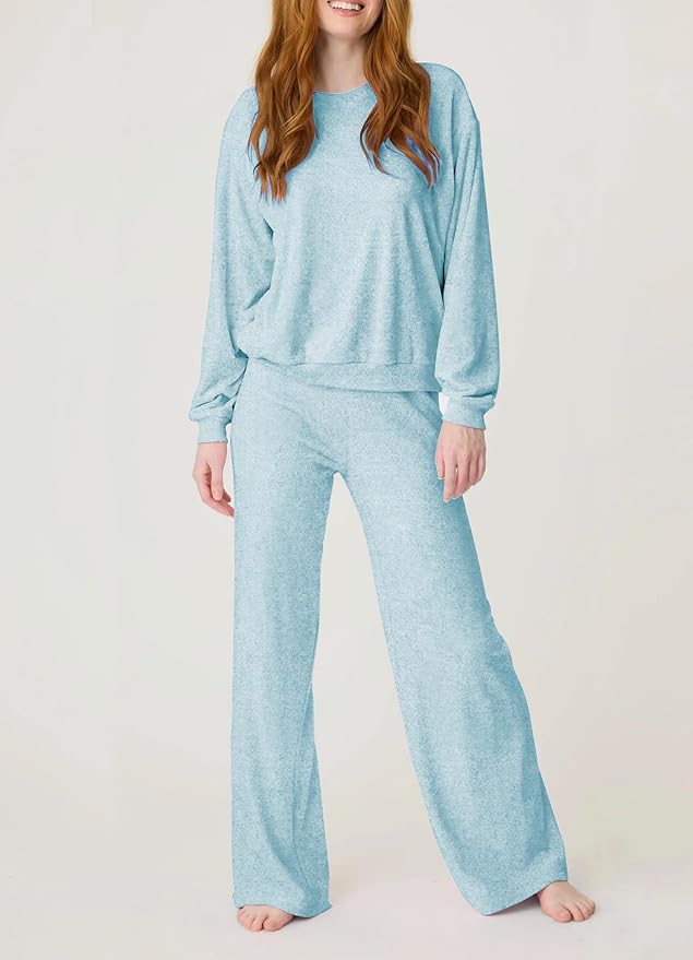 Aamikast Women's 2-Piece Lounge Set Soft Brushed Jersey Sleepwear Pajamas Set Long Sleeve Top & Wide Leg Pants
