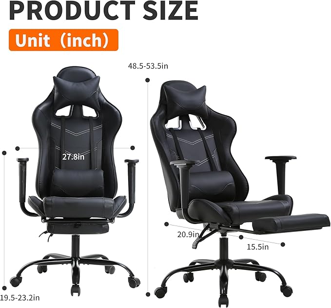 BestOffice | Ergonomic Gaming Chair | Black | Reclining Computer Chair with Lumbar Support, Headrest Pillow, Adjustable Footrests | 360 Swivel with Heavy Duty Wheels | for Home & Office