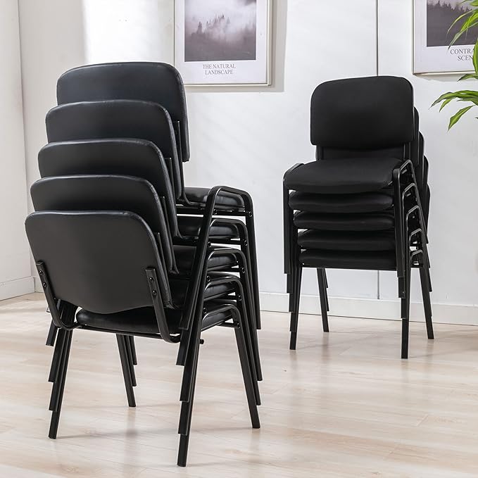 Black Stackable Office Chairs no Arms Set of 15, PU Leather Reception Chairs Ergonomic Conference Desk Chairs Guest Chairs for Meeting/Events/Hall/Training Room
