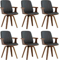 WUPOTO Swivel Dining Chairs, Set of 6 Kitchen Swivel Chairs with Walnut Craftsmanship, Upholstered Faux Leather, Wooden Arms and Legs, Walnut Dining Chairs for Kitchen/Living Room - Black