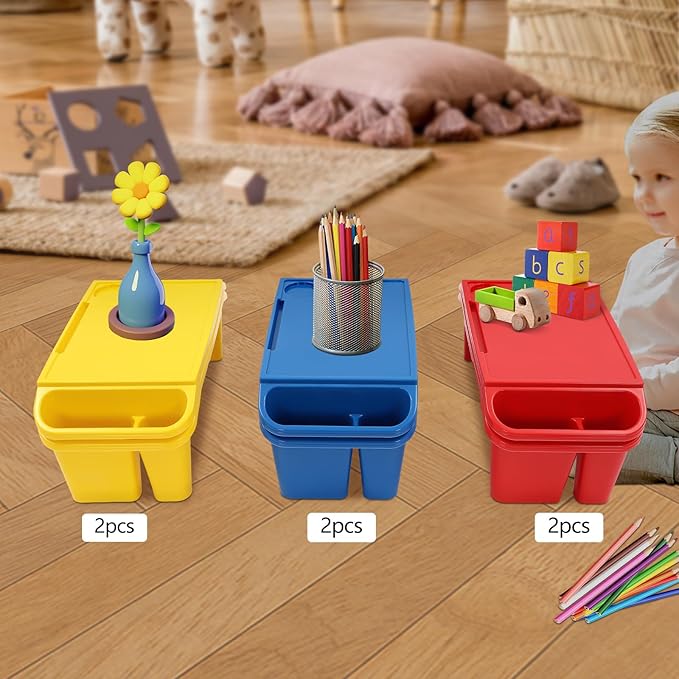 6 Pcs Kids Lap Desk Tray, Plastic Breakfast Lap Desk Trays with Storage Slots, Portable Stackable Lap Tray Tables for Writing Drawing Classroom, 19.69" L x 9.84" W x 7.1" H (Red+Blue+Yellow)