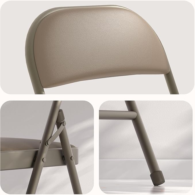 Nazhura 4 Pack Folding Chairs with Padded Vinyl Cushion Chairs with Comfortable Cushion and Durable Steel Frame for Home and Office, for Indoor and Outdoor Events (Kahki Vinyl Padding 4 Pack)