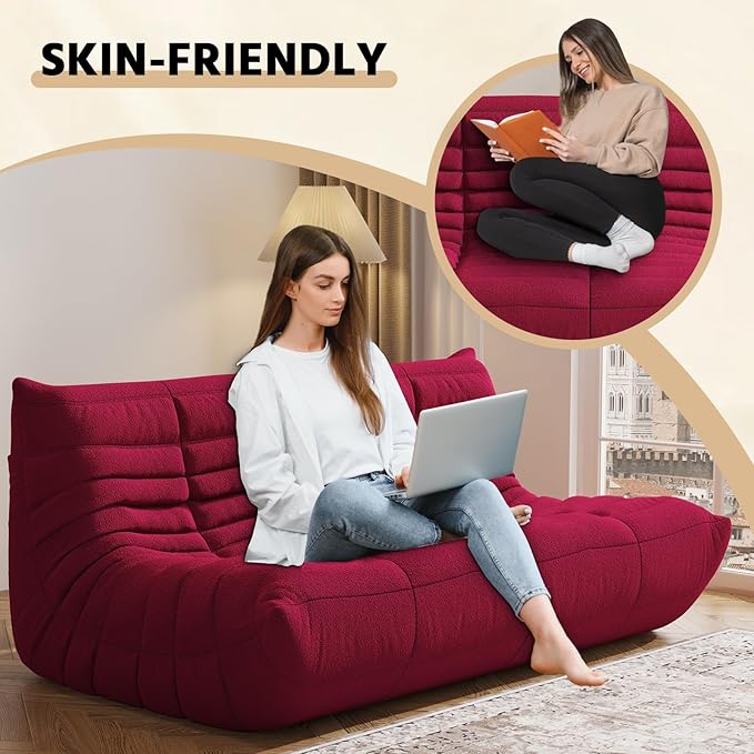 Bean Bag Chair, Fireside Chair, Large Bean Bag Chair for Adults, Bean Bag Chairs for Teens with High-Resilience Foam, Non-Slip Base Floor Lounge Sofa,Living Room (Burgundy, 3-Seater)