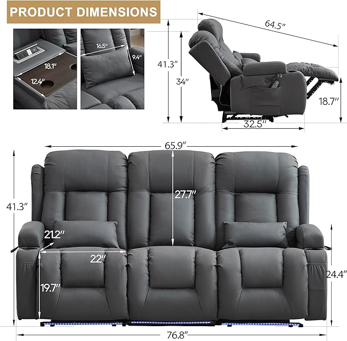 URRED Loveseat Recliner Sofa with Massage and Heat, Flip Middle Backrest Design 3 Seat Power Reclining RV Sofa Couch, Home Theater Seating with LED Lights, USB Ports, Outlets, Leathaire Blue