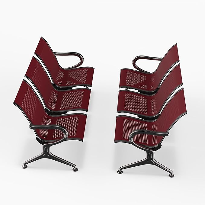 Kinfant 3-Seat Waiting Room Chair - Office Guest Reception Chairs with Ergonomic Backrests, Airport Waiting Bench with Armrests, Metal Waiting Furniture for Hospital, Bank (Dark Red, Set of 2)