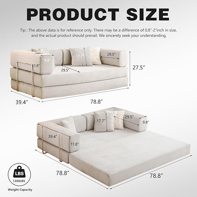 LIAROO 78.8" Convertible Sofa Bed -Compression Sofa with Corduroy Fabric - with Armrests and Backrest - Modular Sectional for Living Room, Bedroom, Studio - Compression Sofa in Box (Beige)