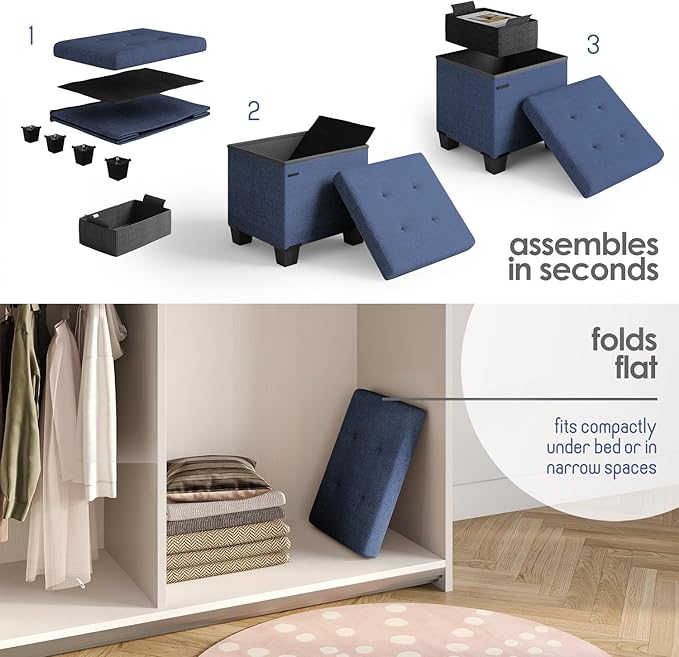 Storage Ottoman Cube with Small Bin, 16-in Square Ottoman with Storage for Living Room and Bedroom, Small Ottomans Foot Rest, Fabric Foot Stools Ottomans Max 330lbs, Blue