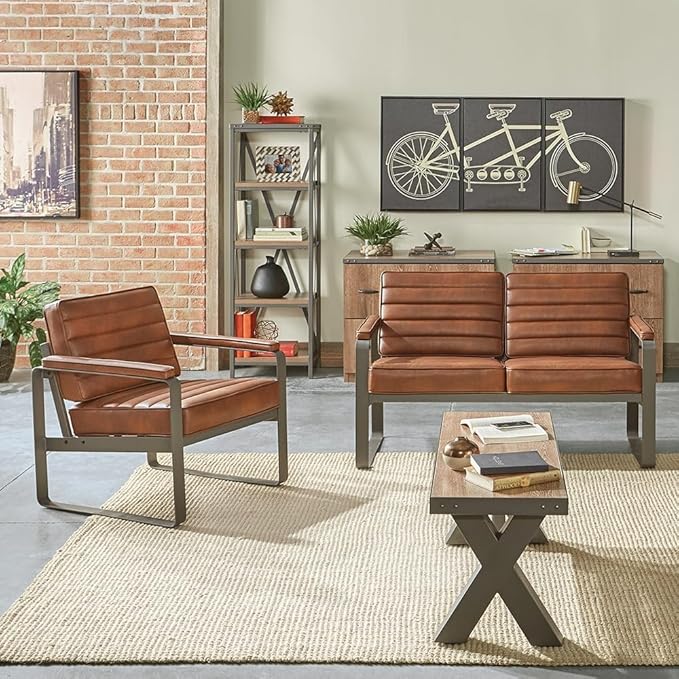 NBF 3 Seat Office Lounge Sofa - Warm Cognac Polyurethane Upholstery with Charcoal Metal Frame - Modern Waiting Room Sofa Bench - 78.75" W x 30.75" D x 29.5" H