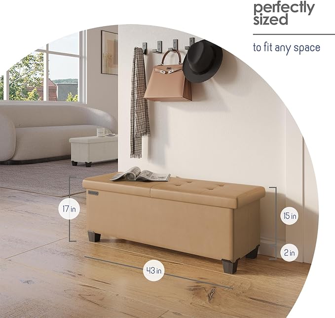 Storage Ottoman Bench with Bins, 43-in Storage Bench for Bedroom End of Bed, Folding Foot Rest Ottoman for Living Room Max 660lbs, Faux Leather Ottomans, Taupe