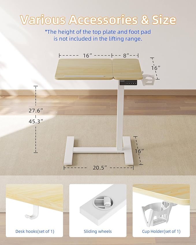 YIHAYO Electric Adjustable Overbed Bedside Table with Wheels, 24 x 16 Inches Mobile Standing Desk, Laptop Desk, Movable Overbed Tables Hospital Home Use, Natural