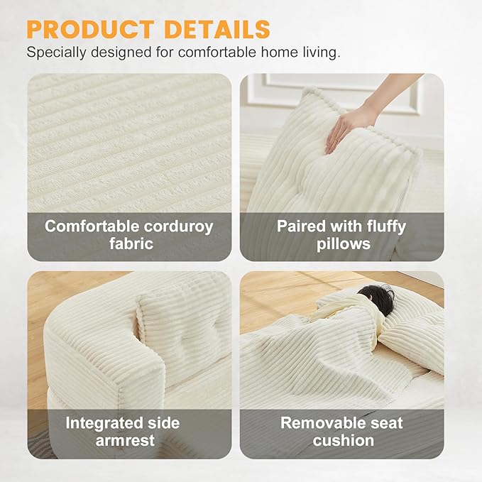 78.4" Convertible Sleeper Sofa Bed, Floor Couch Loveseat with Functional Blanket and 2 Soft Pillows,Corduroy Fabric Boneless Futon Couch for Living Room,Bedroom,Apartment(Beige)