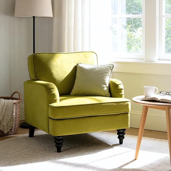 chairus Mid Century Modern Velvet Accent Chair, Vintage Club Armchair with Firm Supportive Seat & Soft Backrest, Comfy Single Sofa Reading Chair for Living Room Bedroom Apartment, Olive Green