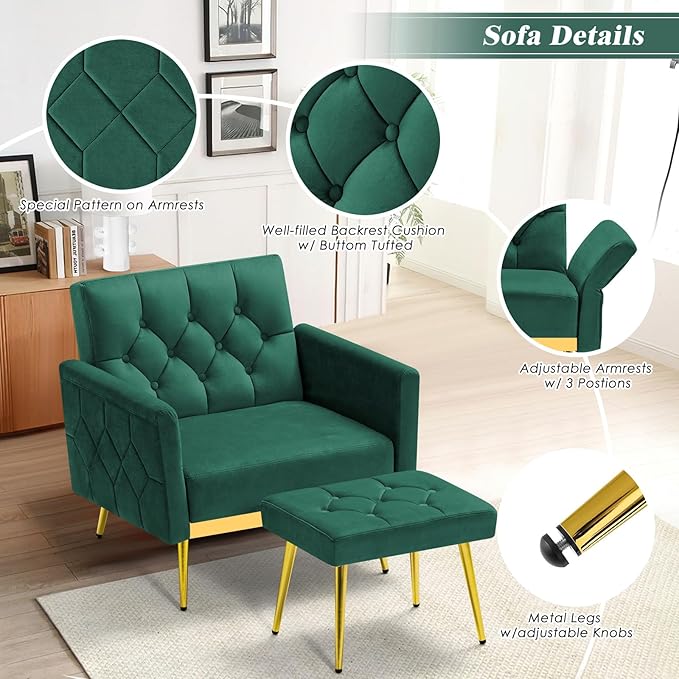 ACMEASE Velvet Accent Chair w/Adjustable Armrests and Backrests, Tufted Single Armchair w/Ottoman, Upholstered Reading Chiar for Living Room, Apartment, Bedroom, Green