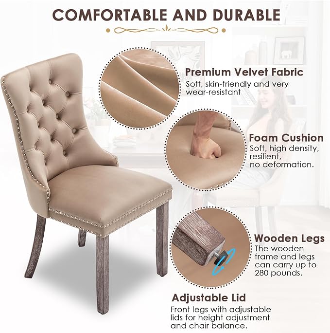 Kiztir Velvet Dining Chairs Set of 2, Upholstered Dining Chairs with Ring Pull Trim and Button Back, Luxury Tufted Dining Chair for Living Room, Bedroom, Kitchen (Khaki)