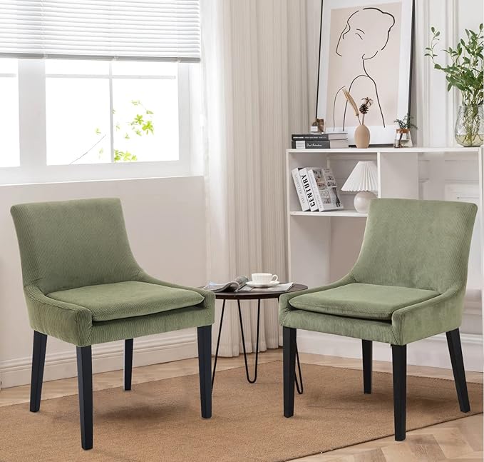 Modern Dining Chairs Set of 6, Upholstered Corduroy Dining Room Chairs with Wood Legs, Mid-Back Padded Kitchen Side Chairs for Dining Room, Green