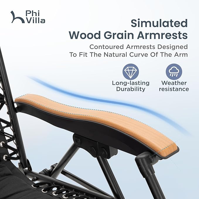 PHI VILLA XXL Oversized Padded Zero Gravity Chair, Foldable Patio Recliner, 30" Wide Seat Anti Gravity Lounger with Cup Holder, Support 400 LBS (Black & Orange Accents)