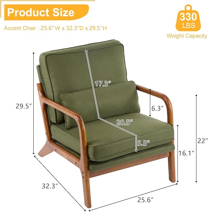 Bonnlo Dark Green Linen Accent Chairs Set of 2,Upholstered Mid Century Modern Lounge Fabric Chairs Reading Chairs Side Sitting Chair Solid Wood Farmhouse Armchairs for Living Room, Bedroom, Guest Room